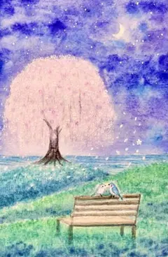 夕映え桜に寄り添う小鳥たち 水彩画風アートプリント - メルカリ