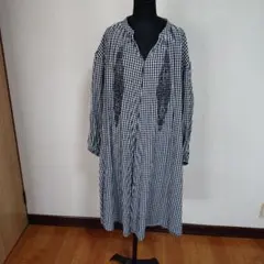 ギンガムチェック 刺繍 ロングシャツワンピース 長袖　フリーサイズ値下げ6/27
