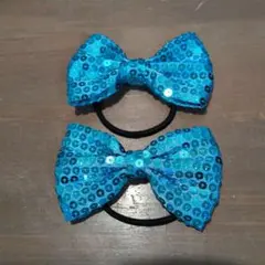 スパンコール リボンヘアゴム ターコイズブルー