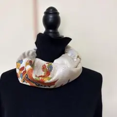 かぶりスヌード　着物リメイク　ハンドメイド　正絹　花柄　ベージュ