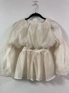 レディース オフショルダー シフォン ブラウス パフスリーブ 韓国 長袖 白