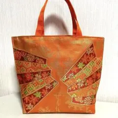 No.59 帯リメイクバック オレンジ亀甲華文様刺繍トートバッグ - メルカリ