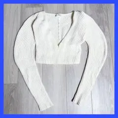 ZARA クロップド リブニット 長袖 ホワイト Vネック