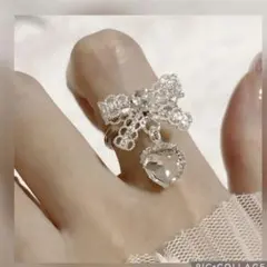 リボンとハートのクリスタルリング シルバー (3号フリー)