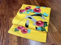 名古屋帯 アンティーク帯 大正ロマン 黄色地 花文様 刺繍