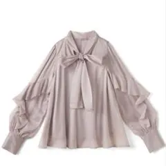 フリル付きリボンタイブラウス ピンク　ボウタイオーガンジーフリルブラウス