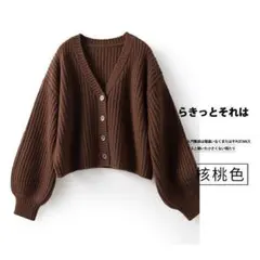 ブラウンリブ編みVネックカーディガン