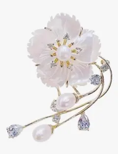 スワロフスキー淡水真珠貝殻桜ブローチジルコンパール花コサージュ入学式卒業式結婚式