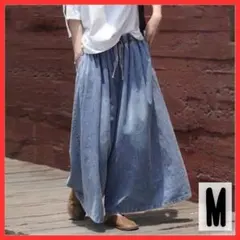 【体型カバー】ワイドデニムパンツ Mサイズ ガウチョパンツ カジュアル 着痩せ