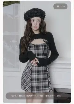 Darich ダーリッチ ニットボレロダブルチェックワンピース BLK