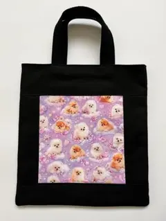 ハンドメイド ポメラニアン柄 パネル生地 帆布 トートバッグ 黒 - メルカリ