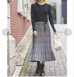 ●試着のみ●index ジャカードプリーツニットワンピース　黒　ブラック　L