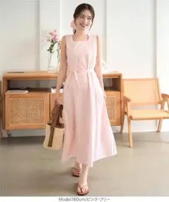 【新品✨】シュシュ付き スクエアネックロングワンピース [E3525]