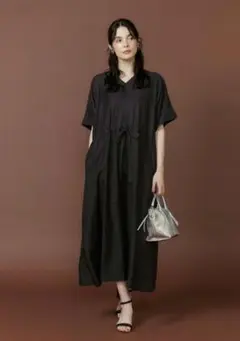 ギャザーウエストワンピース Le Souk 麻 リネン 黒のサムネイル