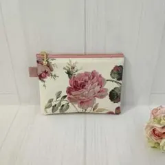 オーダー品　ピンク薔薇総柄　ラミネートポーチ ピンク薔薇 総柄 ダブルファスナー ラミネートポーチ 通帳入れ - メルカリ