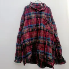 シャツ 【オーバーサイズ】レッド系 ブルー チェック柄 長袖 襟付き