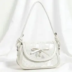 リボン付きホワイトショルダーバッグ