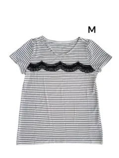 ru ストライプ柄レース装飾Tシャツ Mサイズ