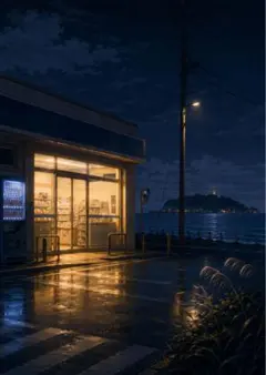 【イラスト】夜のコンビニと海 アートポスター