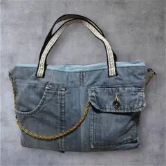 デニム.トート&ショルダーバッグ、ハンドメイド、チェーン付き ポケット沢山あり