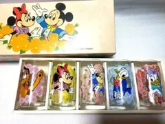 【昭和レトロ】ディズニー グラス　セット 未使用 花柄 ミッキー 箱付き
