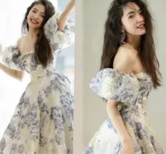 花柄　付け袖付き ベア イブニングドレス カラードレス 編み上げ ベルスリーブ