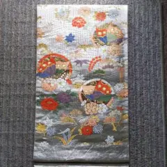 袋帯　銀地　金糸刺繍　松　竹　蝶　菊　花柄　和モダン