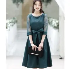 【美品】パーティードレス　七分袖 ワンピース（リボン付き）結婚式　グリーン