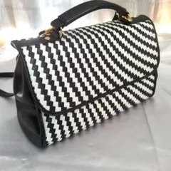 【良品】黒 白 ジグザグパターン ハンドバッグ ショルダーバッグ