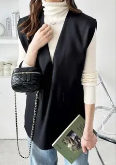 リネンライクスラブプルオーバーベスト　ブラックフリーサイズ