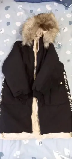 ファー付き中綿ロングコート 黒 防寒アウター ダブルジップ