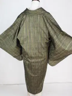 新古品！紬＊ストライプ＊カーキ色＊ロングコート＊１１１ｃｍ＊裄６６