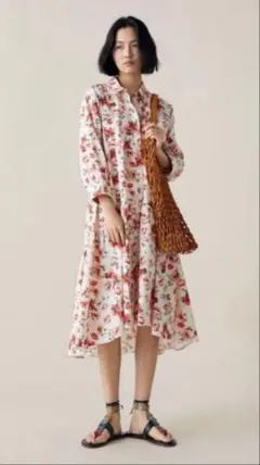 ZARA 花柄シャツワンピース ロング丈　サイズL コットン100%