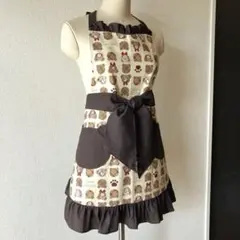 クマさんフレンズチェック柄 フリルエプロン　ベージュ　ダークチョコ　ベア　大人