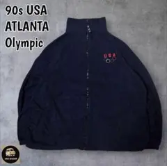 90sUSA製ATLANTAオリンピック 刺繍ロゴフルジップフリース無地濃紺XL