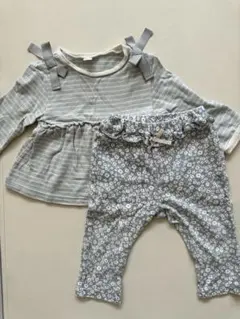 アプレレクール 80cm 春服上下2点セット 水色　花柄　ボーダー　リボン