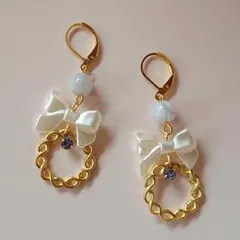 パール調リボン デザインリング タンザナイト ピアス