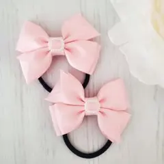 バックルパーツ付♡ピンクリボンのツインヘアゴム／キッズ 髪ゴム／ハンドメイド