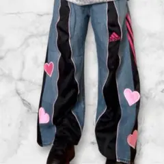 リメイク再構築タックワイドデニムトラックパンツジップパンツジッパーデニムピンクM