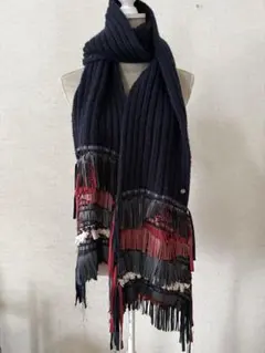 シャネル　フリンジ付きネイビーリブ編みマフラー