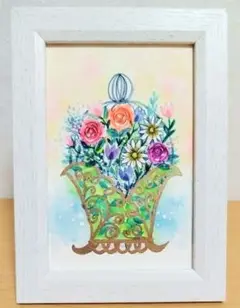メルヘンチックな花瓶　#190　原画　水彩画　イラスト　ポストカードsize