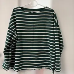 美品‼️ UNIQLO ダークグリーン/ホワイトストライプ 長袖Tシャツ XL