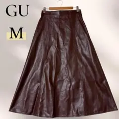 GU フェイクレザーAラインミディスカート M ロング丈 合皮 ブラウン