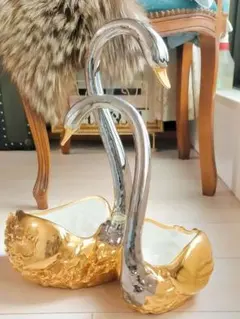 イタリア製 白鳥デザイン 陶器製オブジェ 金銀