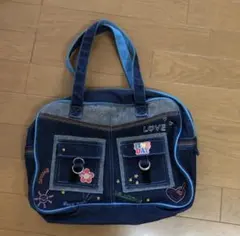 平成レトロバッグ☆女児y2kデコラ00sロリギャル水色ラメ青デニム英字