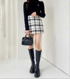 Heather ツイード ミニスカート 白 スリット