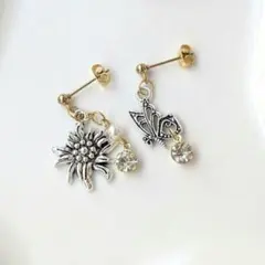 【上品に揺れる】花×蝶 シルバーアシメピアス／イヤリング