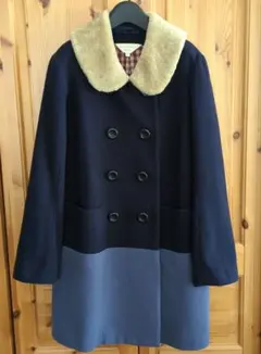 ローラアシュレイロンドン ダブルボタンバイカラーコート ファー衿付