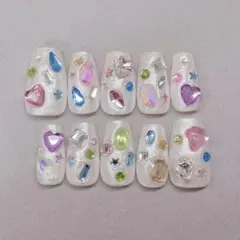 ネイルチップ フレンチガーリー 宝石ネイル バレエコア Y2K 個性派 ワンホン