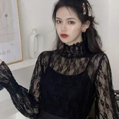 黒 レース ハイネック 長袖 トップス